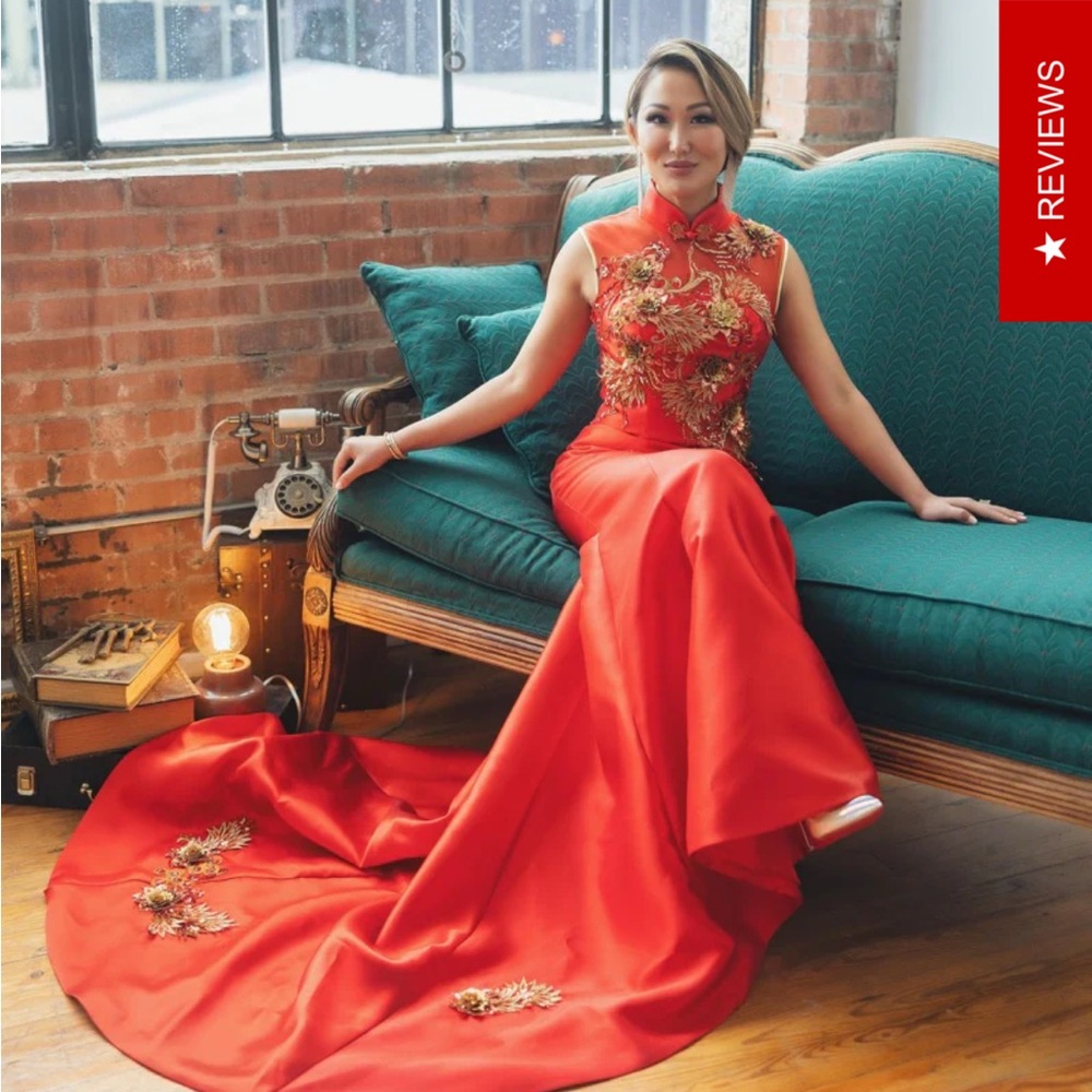 Regal Red and Gold Embellished Sleeveless Gown